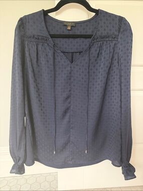 Current Air Navy Dot-Textured Long Sleeve Peasant Blouse